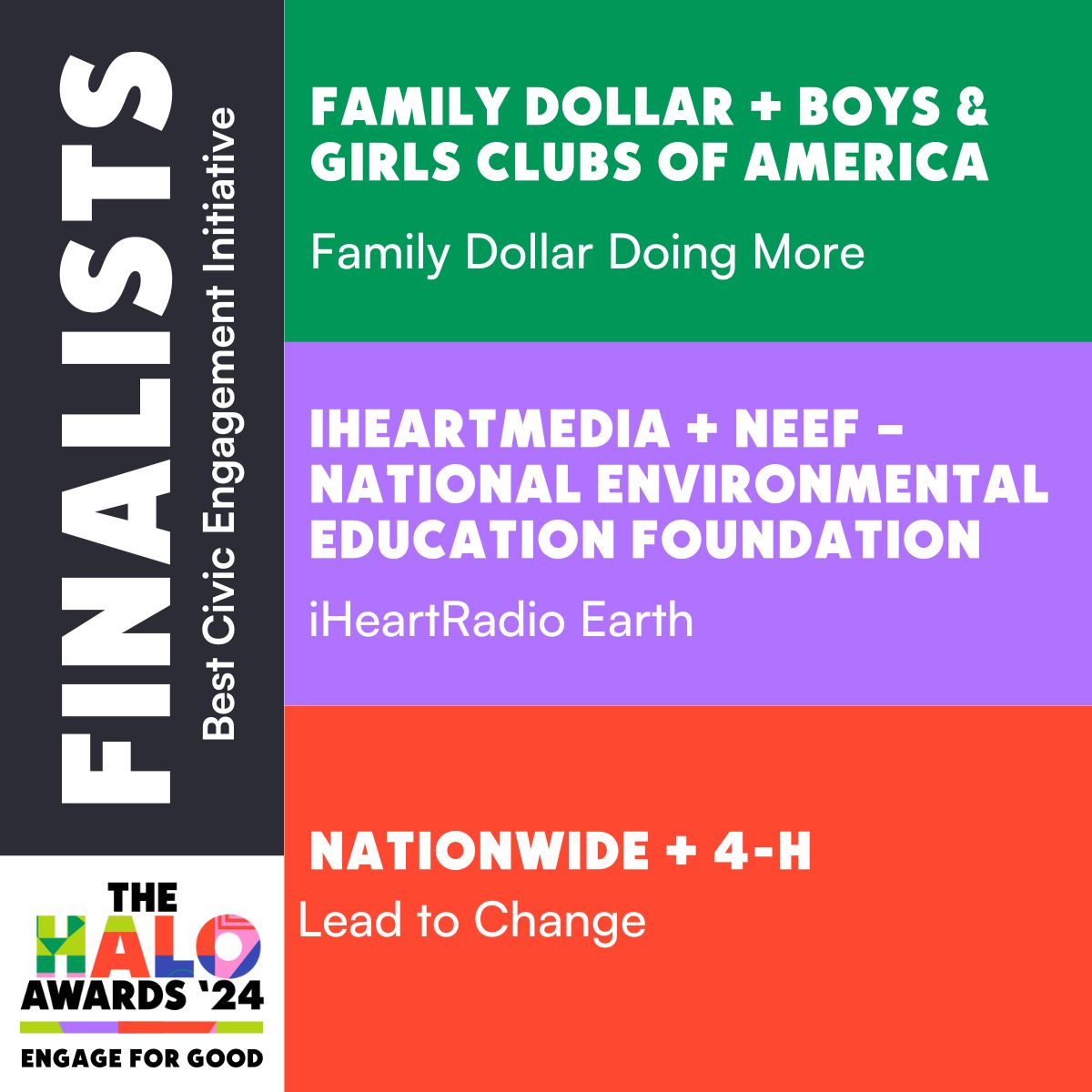 We are proud to share that our Lead to Change campaign has been selected as a 2024 Halo Awards finalist in the Best Civic Engagement Initiative category! Learn more: bit.ly/3vN6lYI #Opportunity4All @EngageForGood