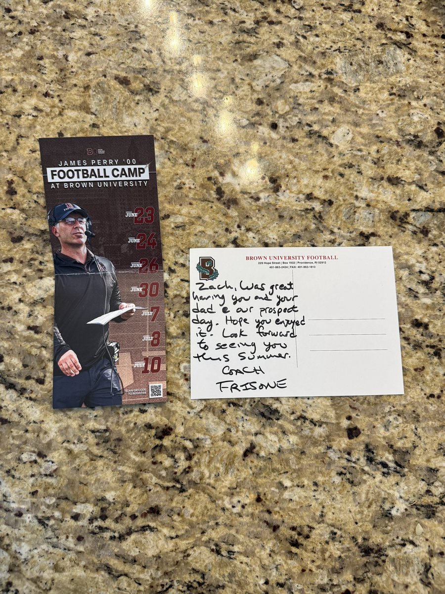 Extremely grateful for the mail from @CoachFrizBrownU & @BrownU_Football. I am registered for the June 23rd camp date and I cannot wait to compete. Ready to be back in Providence ASAP! #BrownBuilt @CoachEMorrissey @CoachW_Edwards @Coach_RMattison @BrownHCPerry @CoachLeggett78…