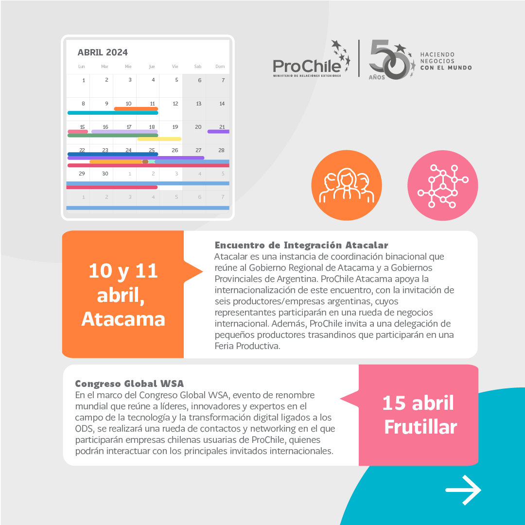 ProChile's tweet photo. 🚨Te invitamos a conocer más sobre el calendario de actividades que tiene #ProChile para abril. 

📅No te pierdas de ningún evento, revisa todas las fechas aquí: https://t.co/3PvPXryg4f https://t.co/J2exxxMHmQ