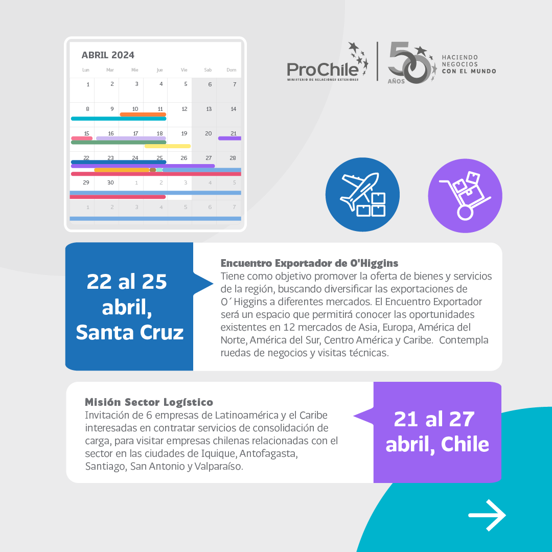 ProChile's tweet photo. 🚨Te invitamos a conocer más sobre el calendario de actividades que tiene #ProChile para abril. 

📅No te pierdas de ningún evento, revisa todas las fechas aquí: https://t.co/3PvPXryg4f https://t.co/J2exxxMHmQ