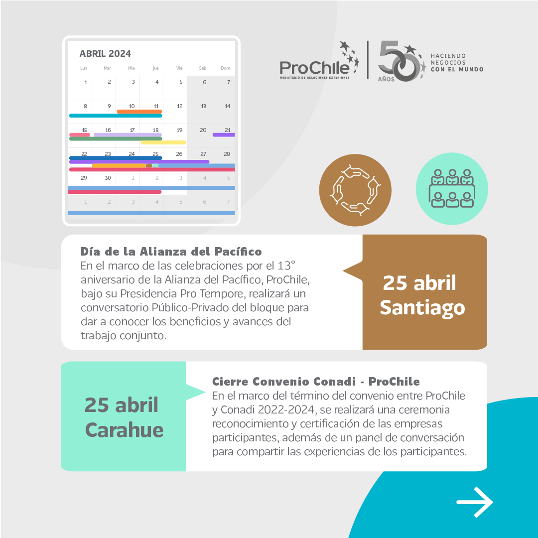 ProChile's tweet photo. 🚨Te invitamos a conocer más sobre el calendario de actividades que tiene #ProChile para abril. 

📅No te pierdas de ningún evento, revisa todas las fechas aquí: https://t.co/3PvPXryg4f https://t.co/J2exxxMHmQ