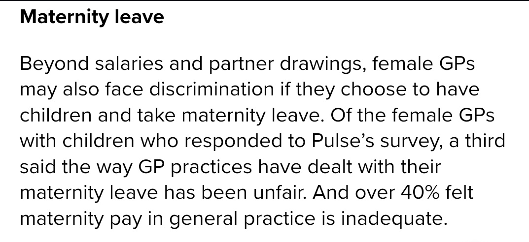 Remember kids, GPs are private contractors. They get paid a salary and have pension contributions from the NHS. They also have practice profits if a partner. And the state also sends them £1751 a week to cover maternity leave. Ain't life grand!