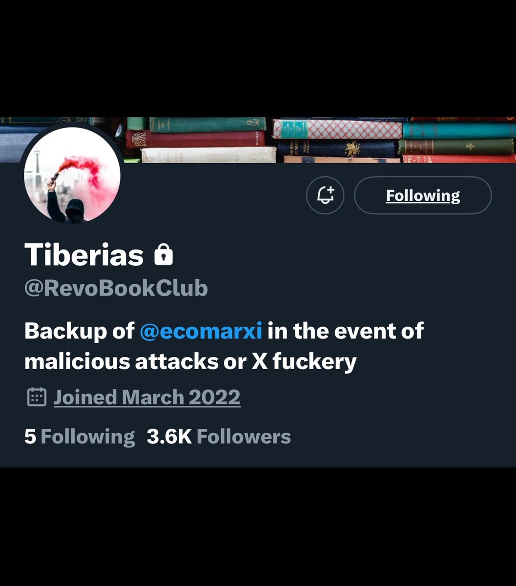 the backup for @ecomarxi aka Tiberius is: @RevoBookClub please give a follow since their main account is down (hopefully temporarily)