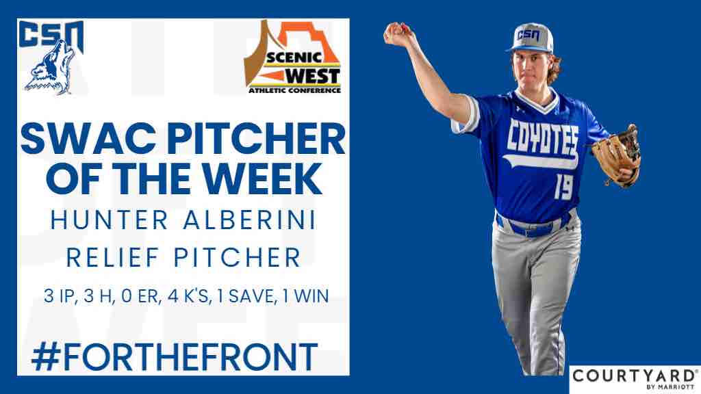 The Coyote Family is thrilled to congratulate Hunter Alberini on being named Scenic West Athletic Conference Pitcher of the Week April 8, 2024. Hunter was locked in on the bump this past weekend, firing 3 scoreless innings with 4 K’s while earning a win and a save 🐺⚾️🔪 #Carving