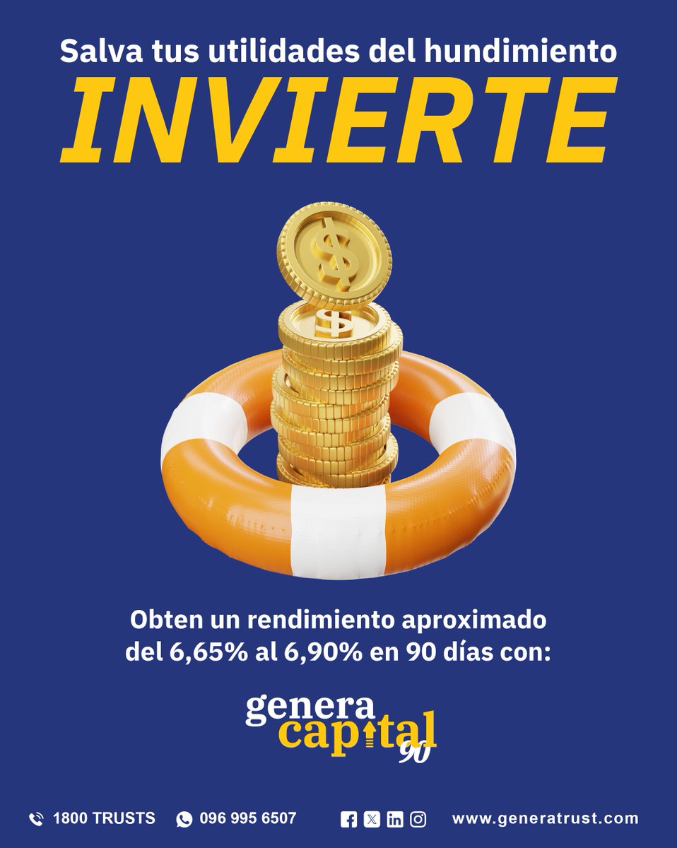 Rescata tus utilidades con Genera Capital 9⃣0⃣

⛵️ Súbete al barco con el mejor rendimiento: 6,65% - 6,90%

#InversiónEmocionante #AdiósAhorroAburrido #Confianza #Fideicomisos #Fondos #PlanificaciónFinanciera #FondosDeInversión #Inversión #Transparencia #Capital #utilidades