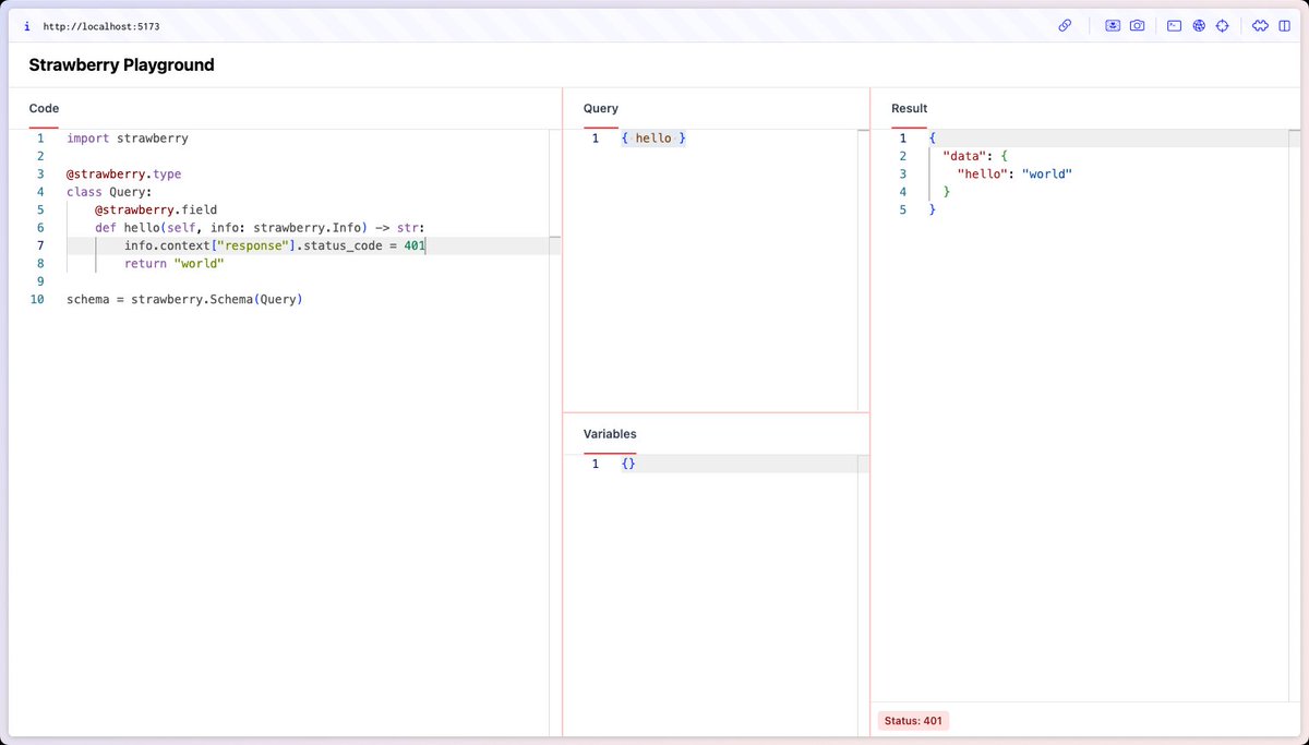 @strawberry_gql @pyscript_dev decided to use @FastAPI to handle the request/response lifecycle instead of just executing the query, now we can change the status code (and soon also headers)!