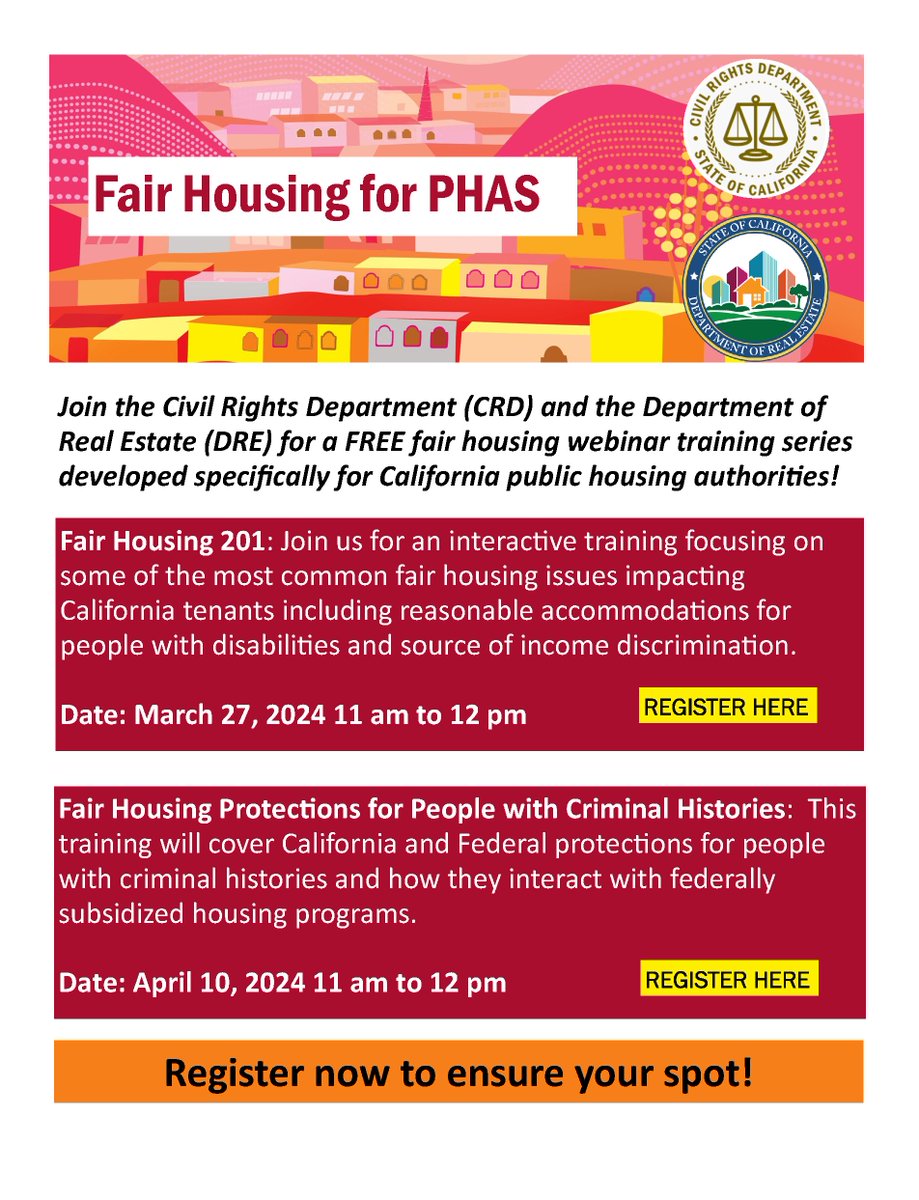 There’s still time to register for part two of our fair housing webinar series with <a href="/CA_DRE/">California Department of Real Estate</a>! Join us Wednesday (4/10) and learn more about how civil rights laws protect renters with criminal histories. 

Registration link below. See you there!
us02web.zoom.us/webinar/regist…