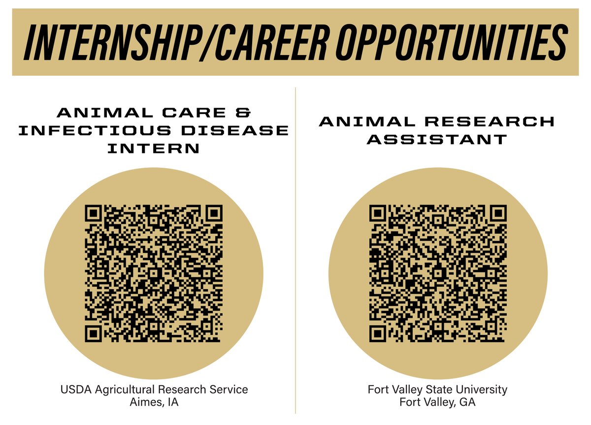 #PurdueANSC is featuring internship/career opportunities weekly! This week, we are highlighting an Animal Care and Infectious Disease Internship with USDA-ARS and an Animal Research Assistant position with Fort Valley State University. Scan the QR codes for more information.