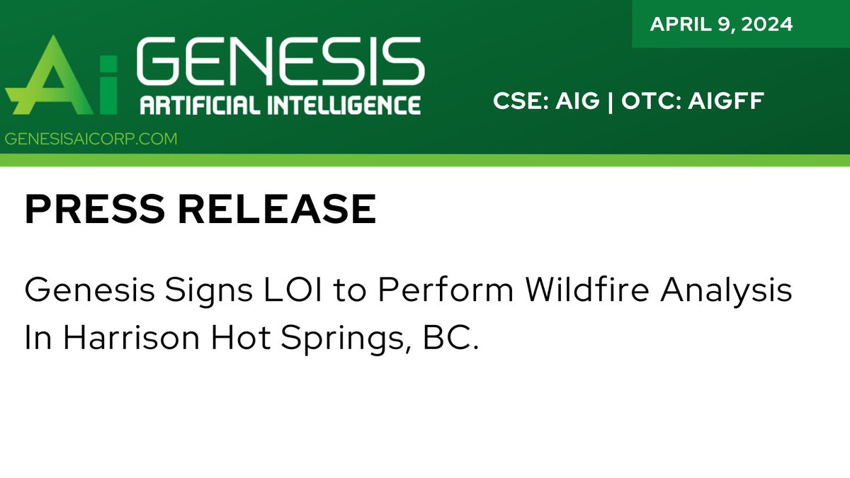 Genesis AI Corp. signs LOI for wildfire analysis in Harrison Hot Springs, BC. Using drone-based LiDAR, multispectral imaging, & satellite data, we'll assess risks for a 300-unit dev & existing rec op. Our AI-driven approach aims to enhance FireSmart protection and provide…