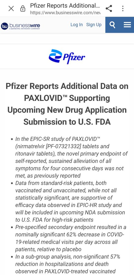 Pfizer ammette già nel 2022 (con giri di parole) che il #Paxvlovid non funziona per alleviare i sintomi del Covid19. Inoltre, 'i NON vaccinati che morivano erano pochi quindi non valeva la pena continuare i test' Questa la scienzah che piace ai governi. businesswire.com/news/home/2022…