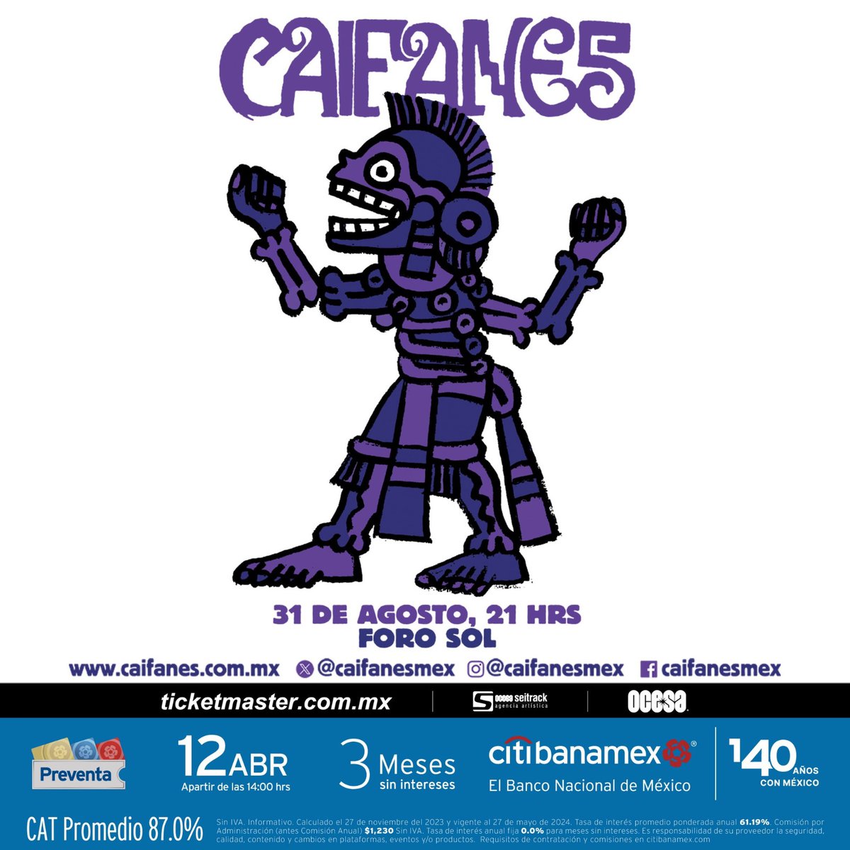 Caifanes anuncia concierto histórico en el Foro Sol. 🗓️ 31 de agosto de 2024 🕘 21:00 hrs. 📍 Foro Sol 🎟️ Preventa Citibanamex: 12 de abril de 2024