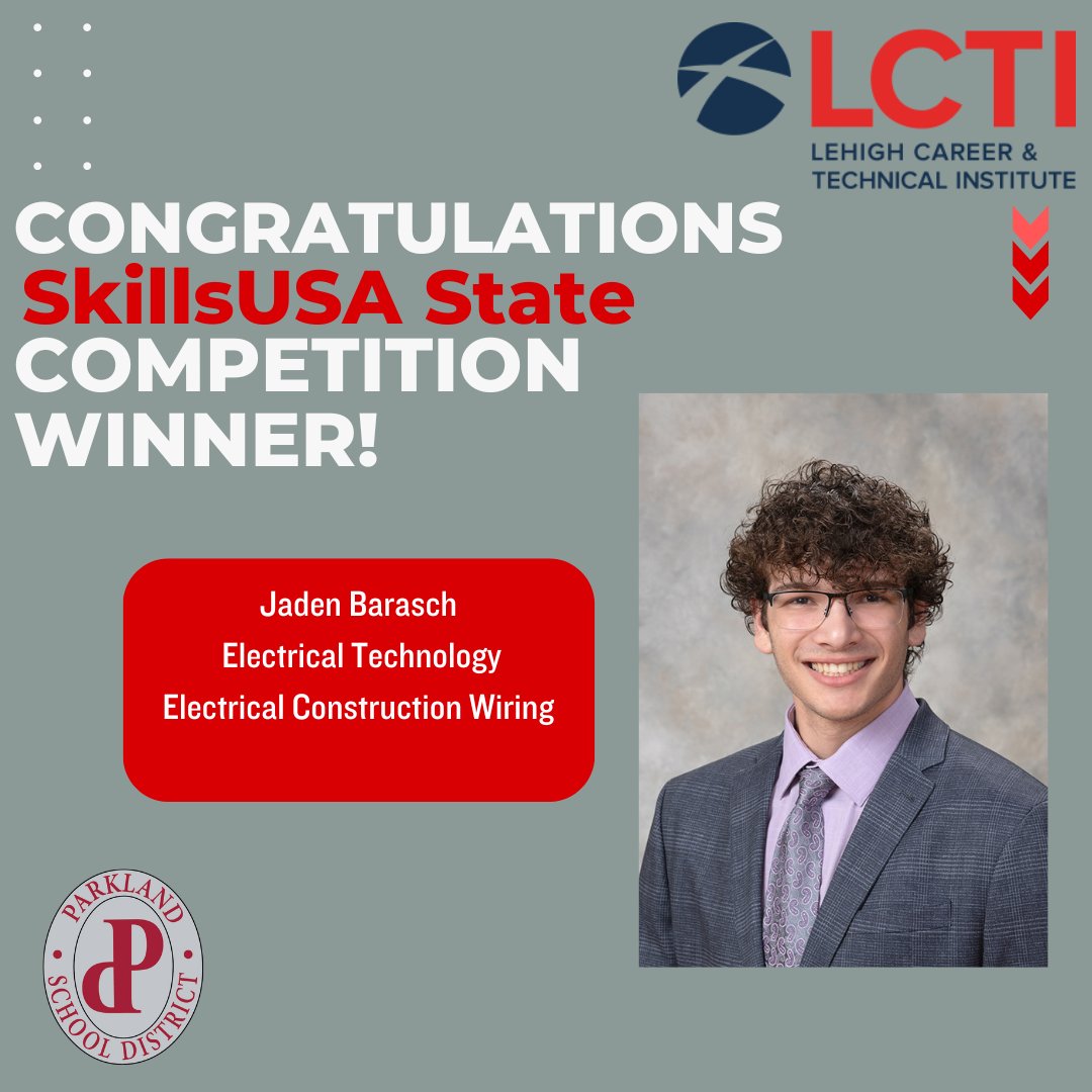 🏆Congratulations to LCTI/PHS student Jaden Barasch on winning a bronze award in the SkillsUSA State Competition! Read more about the competition here: trst.in/WPXr0x #ParklandPride
