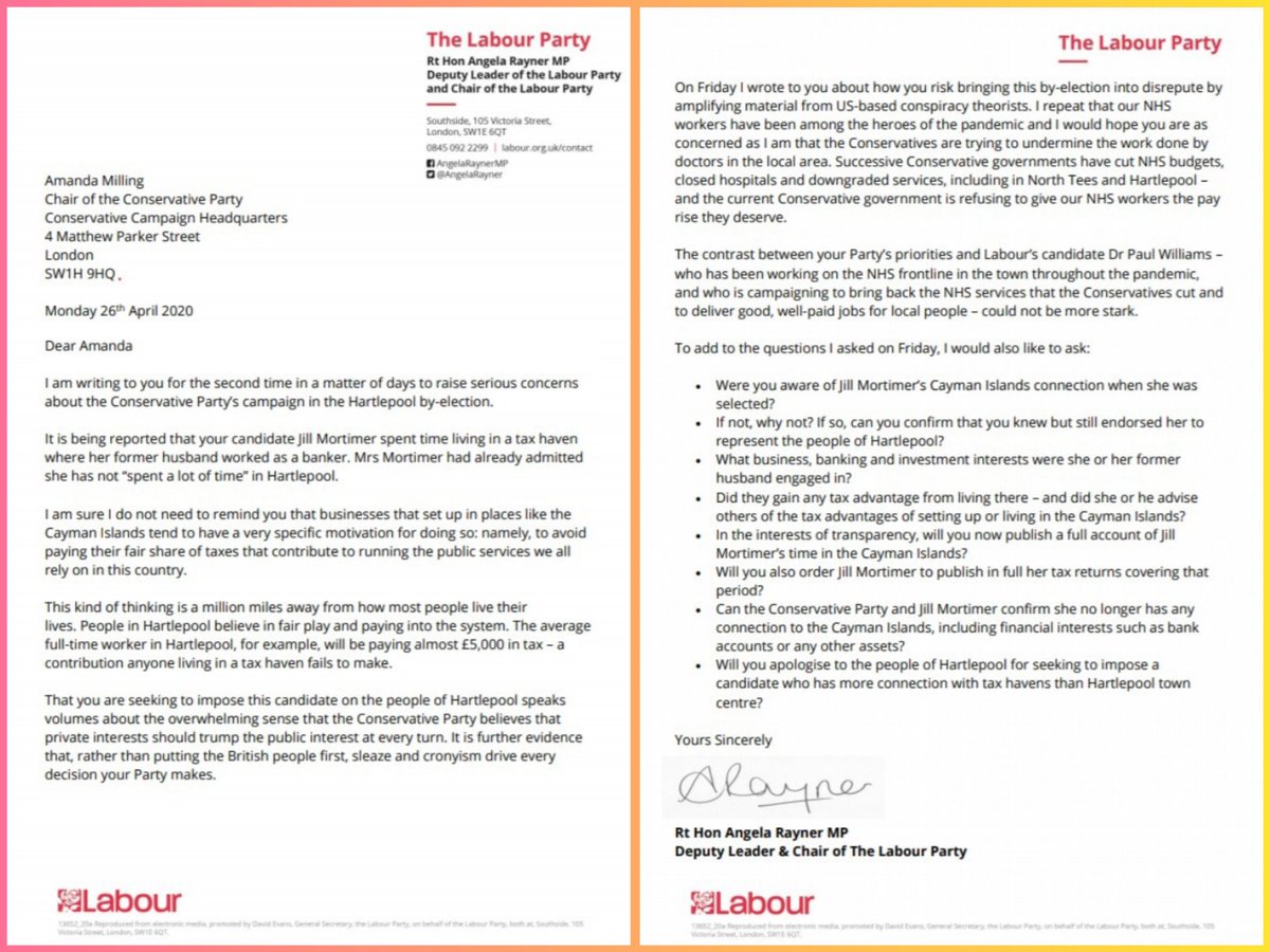 Angela Rayner's letter to Amanda Milling demanding the Conservative candidate for the Hartlepool by-election, Jill Mortimer, releases her tax returns