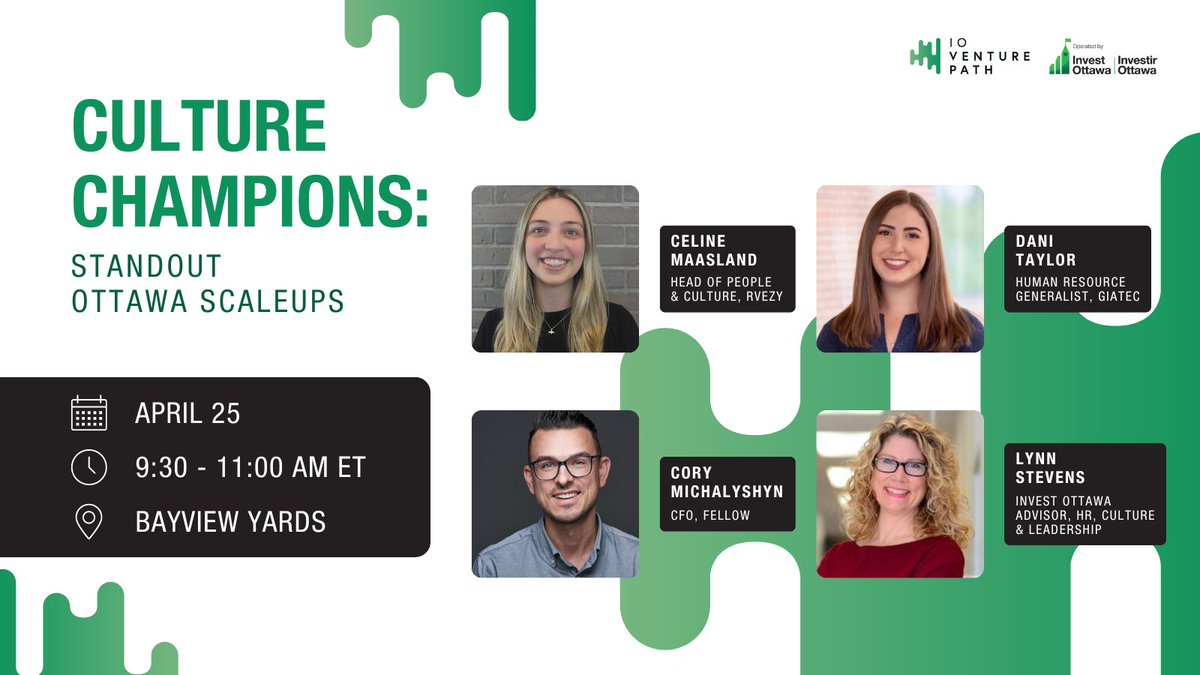 🔊 Ottawa entrepreneurs, ready to unlock the secrets of standout scaleups?
📅 April 25 at @Bayview_Yards
Gain insights from leaders who've mastered exceptional cultures! Moderated by Lynn Stevens, featuring panelists from @myrvezy, @fellowapp, and @Giatec: bit.ly/3J75S6u