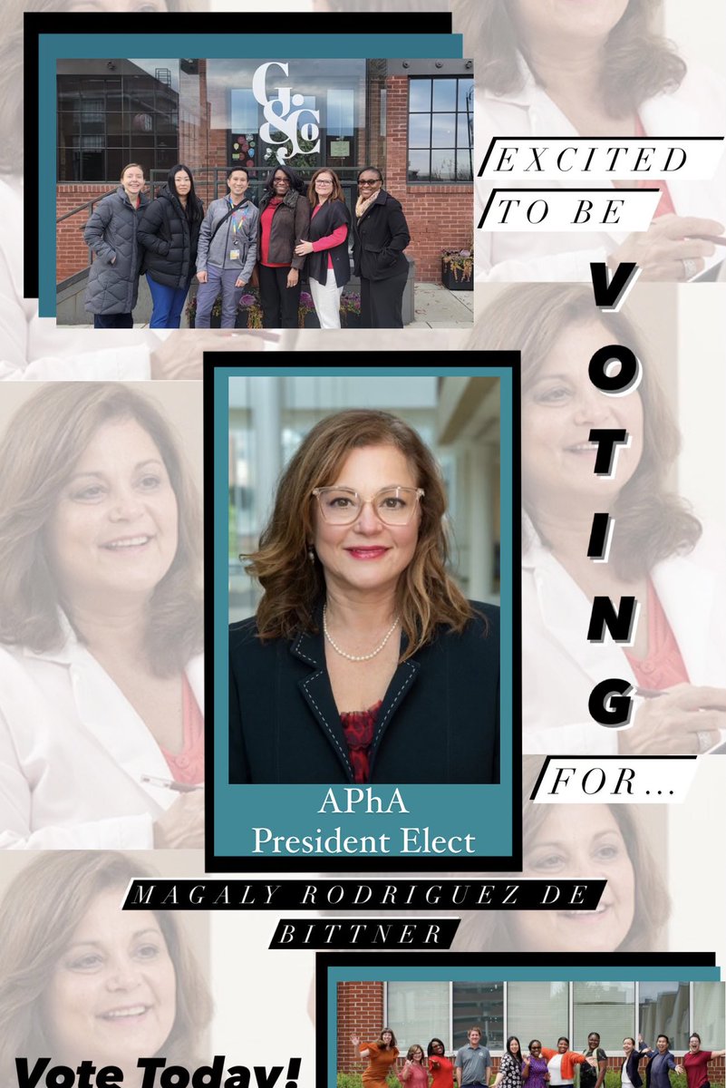 I am excited to be voting for Dr. Magaly Rodriguez de Bittner from @umsop for APhA @pharmacists President Elect! She is an amazing pharmacist, servant leader, and mentor, and she aims to represent all of us to advocate for pharmacy.
