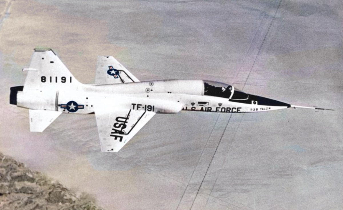 Northrop T-38 Talon first flown April 10th, 1959. Northrop YT-38-5-NO 58-1191 in flight over Edwards AFB on the day the world's first supersonic trainer made its first flight.