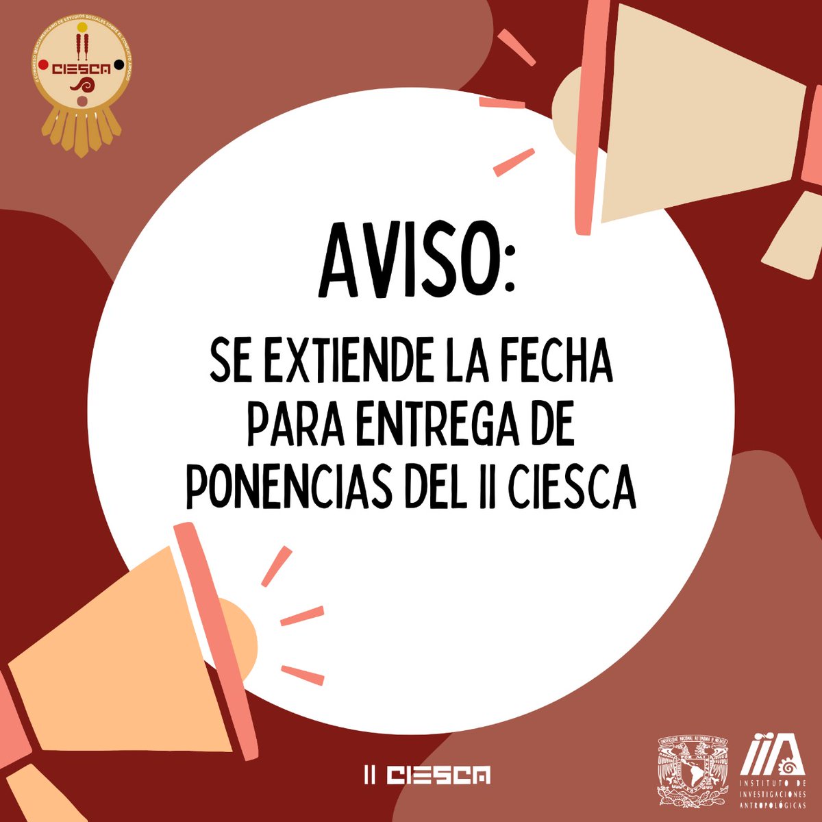Nos complace informarles que se extiende la recepción de resúmenes para ponencias en el marco de la celebración de nuestro II CIESCA hasta el 28 de abril del presente año. 

La fecha de aviso de aceptación será entre el 29 de abril al 5 de mayo.