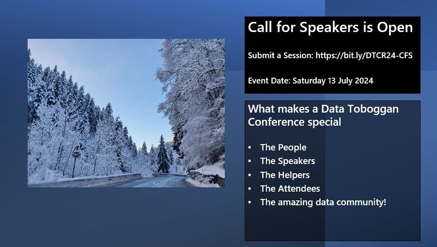 What makes a Data Toboggan Conference special. We would love to have an amazing breadth of sessions CfS is Open. Submit now buff.ly/3VFvnn6 Date: 13th July 2024 #datatoboggan #azuresynapse #microsoftfabric #synapseanalytics