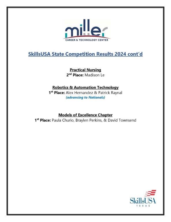 This past weekend Miller had over 120 students compete at the SkillsUSA State competition in Corpus. Below are the results. Miller will be well represented by some amazing students at Nationals in June! Congratulations to our students & sponsors!