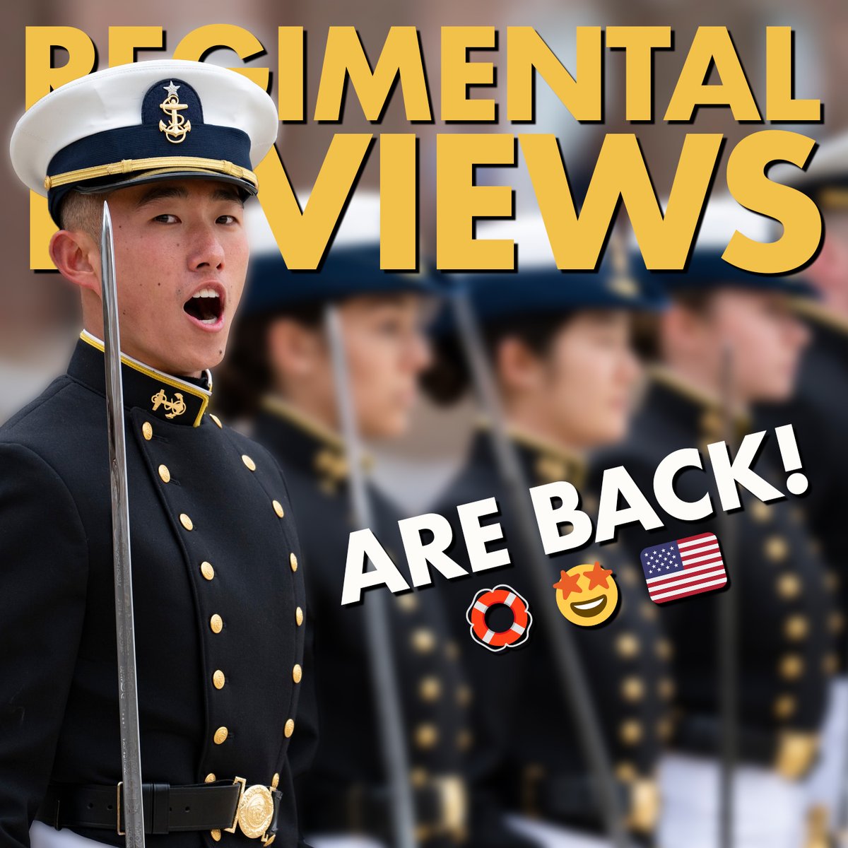 It's springtime, and that means Regimental Reviews are back! Reviews start this Friday, April 12! Reviews are free and open to the public, and host a variety of honored guests. 2024 Spring Reviews: Apr 12 - 1600 Apr 26 - 1600 May 02 - 1600 May 17 - 1930 May 21 - 1000