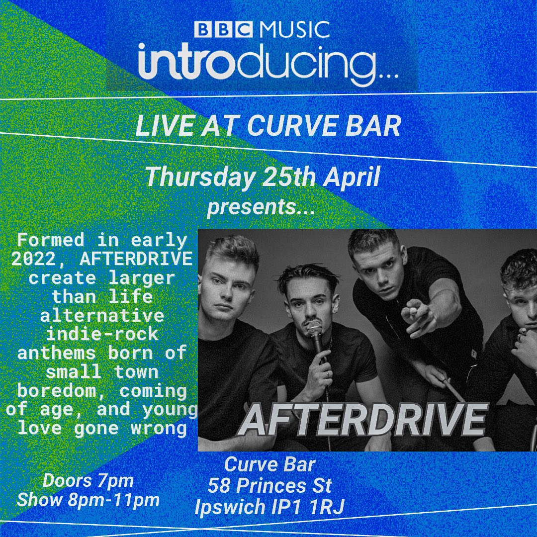 Ipswich, we are live at the Curve Bar on behalf of BBC Introducing! Join us from 8pm-11pm on Thursday 25th April for a evening filled with exceptional music 🎶 👈 We are performing alongside👇 @gracecalverofficial @smith.ethan.ryan RYSKI Thank you @handgell & @bbcintroducing