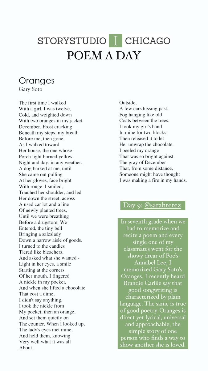 The #SSCpoemaday for Day 9 of National Poetry Month is from our instructor @SarahTerez. Sarah chose “Oranges” by Gary Soto.