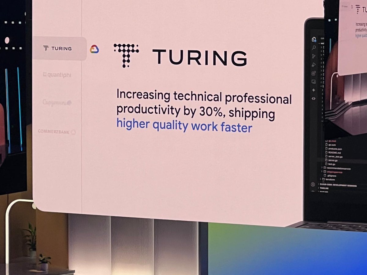turingcom's tweet image. Big moment for us at Turing! 🚀 

We were featured in #GoogleCloudNext&apos;s Keynote session, where @CalderBrad, VP &amp;amp; GM at @googlecloud, highlighted Turing&apos;s experience in enhancing developer productivity on our projects through #GeminiCodeAssist 🤖