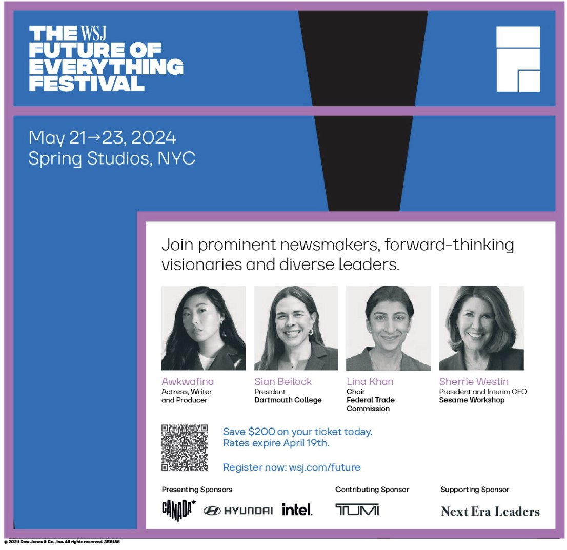 So honored to be joining @sianbeilock, @linakhanFTC, Awkwafina, @KathrynDill and other forward-thinking leaders at the @WSJ Future of Everything Festival this year! foefestival.wsj.com/event/the-futu… @WSJLive