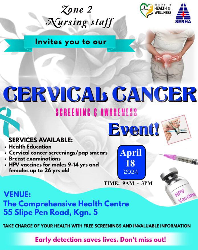 Get screened for cervical cancer on Thursday, April 18, 2024 at the Comprehensive Health Centre Free vaccines and other services will be offered @themohwgovjm @SRHAJamaica @mohnerha @wrhagovjm