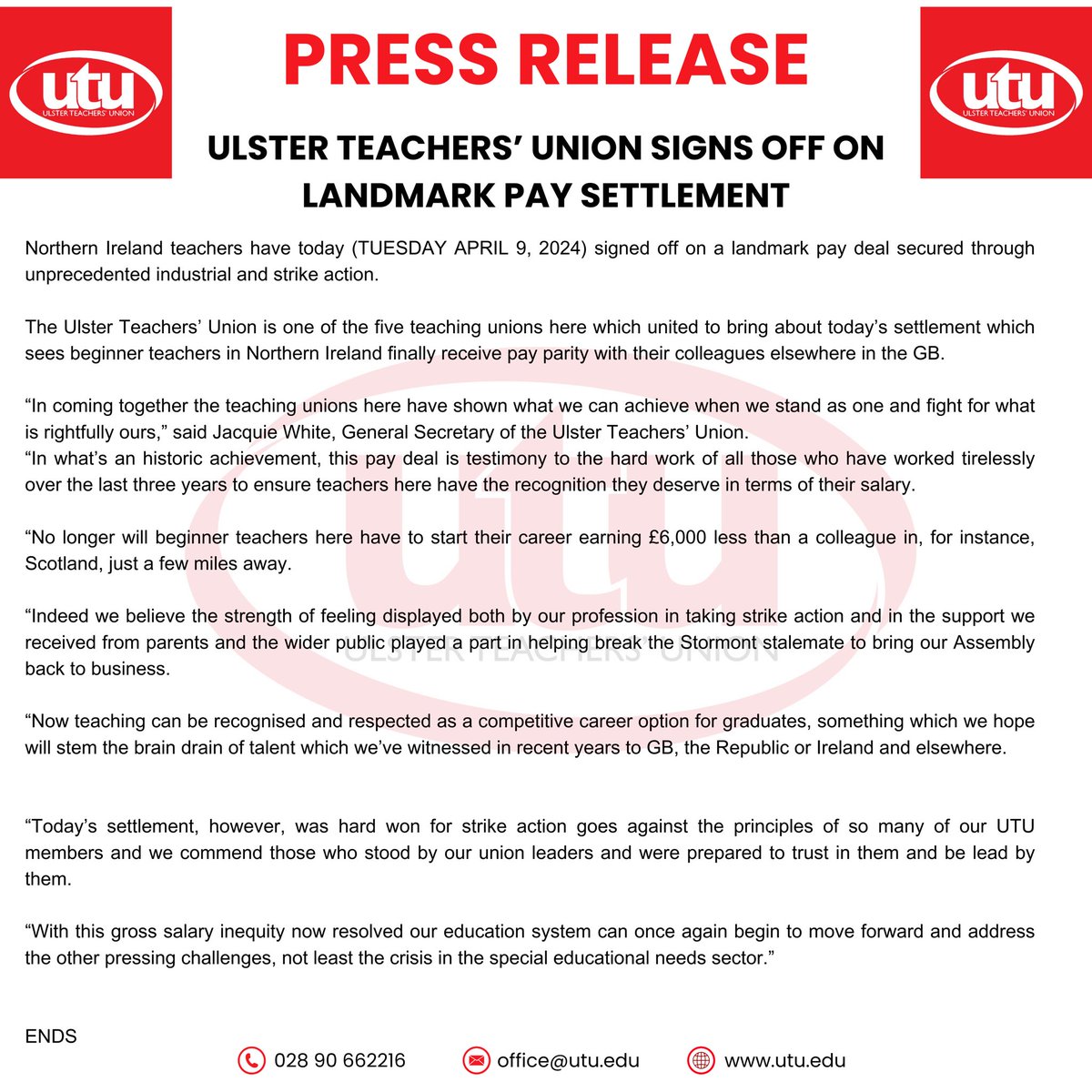 🚨🚨PRESS RELEASE ULSTER TEACHERS’ UNION SIGNS OFF ON LANDMARK PAY SETTLEMENT #TeacherUnionVictory #FairPayWin #EducatorSolidarity #UnionSuccess #TeachingWins #PayDeal #EducatorAdvocacy #UnionPower #EducatorSolidarity #TeacherPayVictory