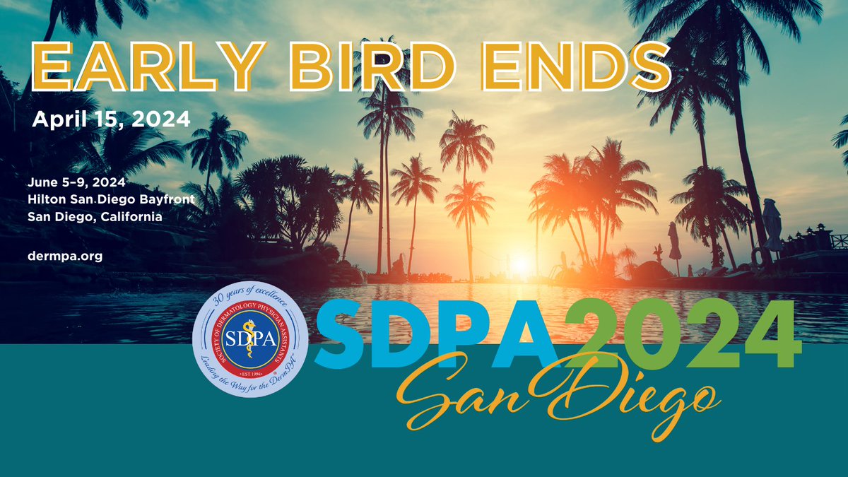Register today because Early Bird ends April 15, 2024 (yea, #taxday!) We’ll see you June 5-9, 2024, in San Diego where the sun, stunning scenery, and top-notch educational opportunities await you. Join other #dermPAs at this event. Register here: tinyurl.com/2eh8n5ac