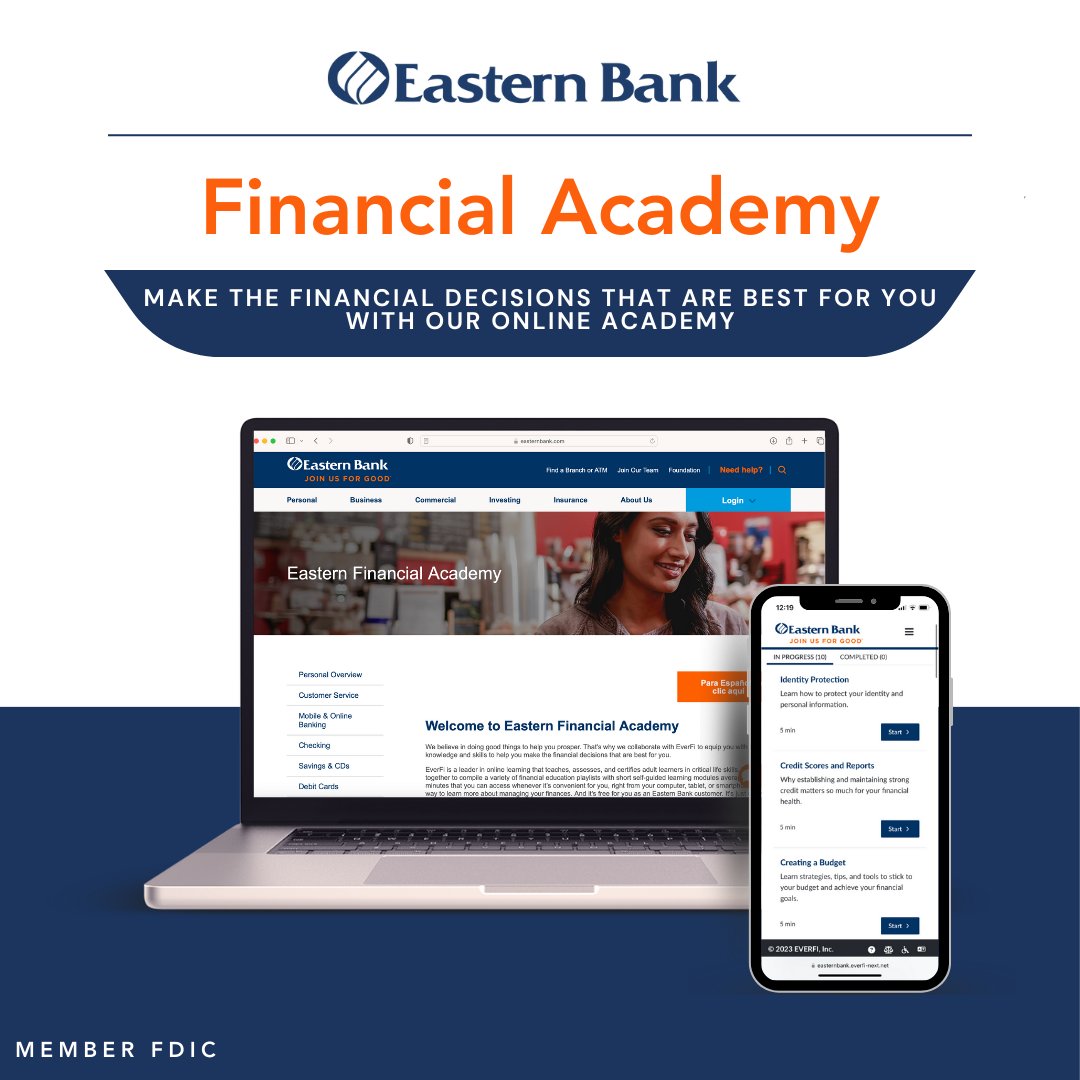 April is Financial Literacy Month 💰 a chance to deepen your understanding of personal finance. The Eastern Bank Financial Academy offers a wealth of resources and knowledge to help you strengthen your financial literacy skills. bit.ly/3VR1tfw #JoinUsForGood