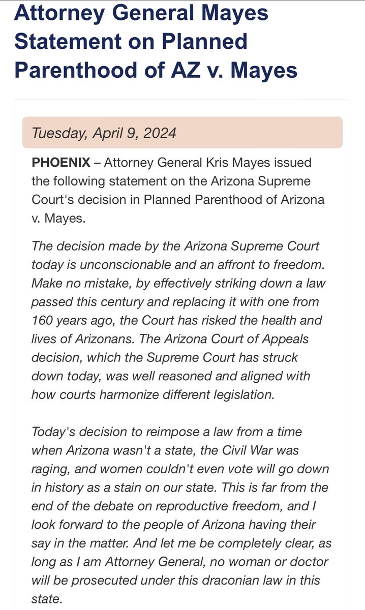 Arizona’s Attorney General, Kris Mayes (D), says she won’t enforce the total abortion ban revived by the state’s Supreme Court. azag.gov/press-release/…