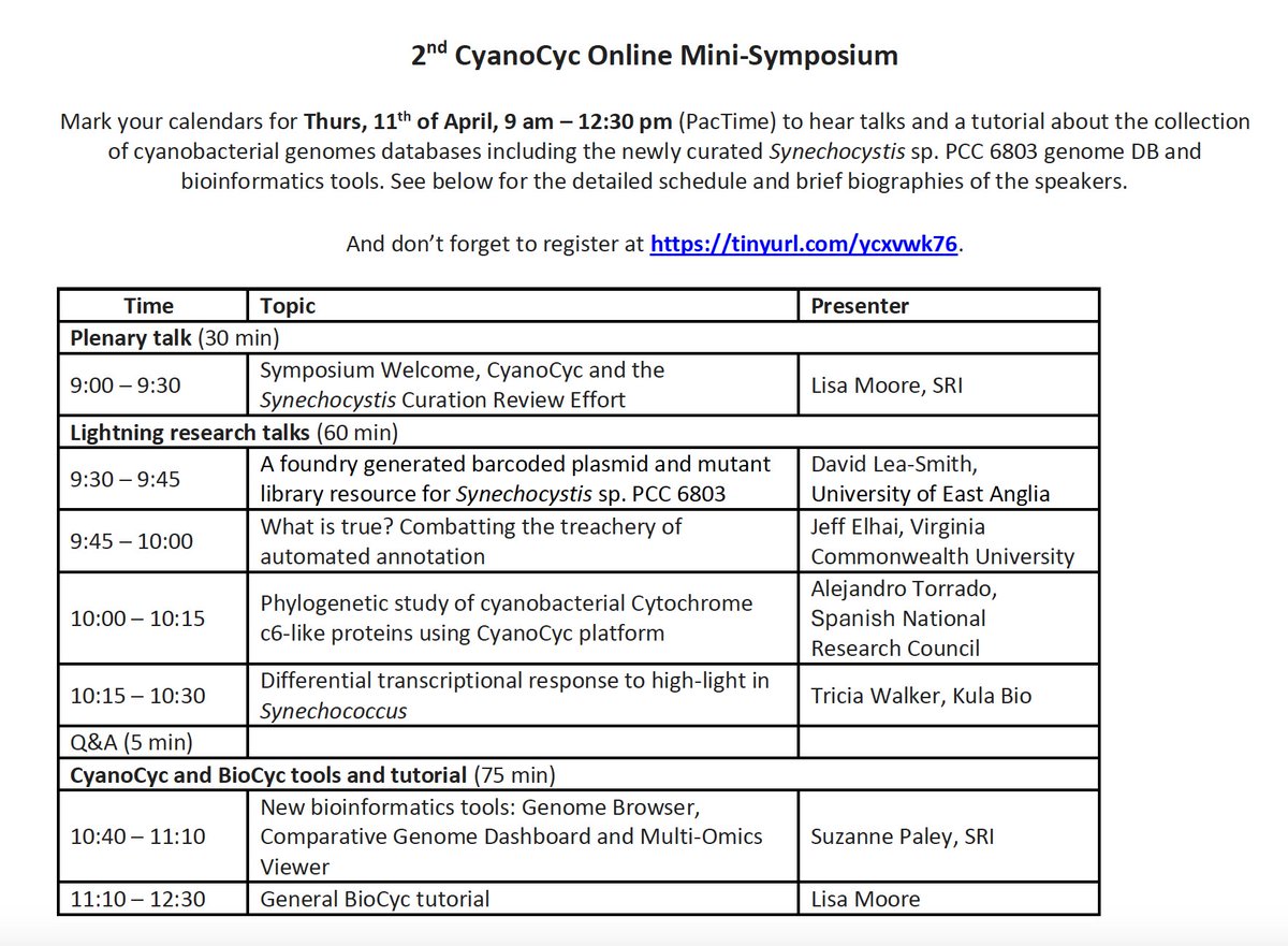Only two days before the 2nd CyanoCyc Online Mini-Symposium! Register at tinyurl.com/ycxvwk76. @BioCyc @CyanoWorld1