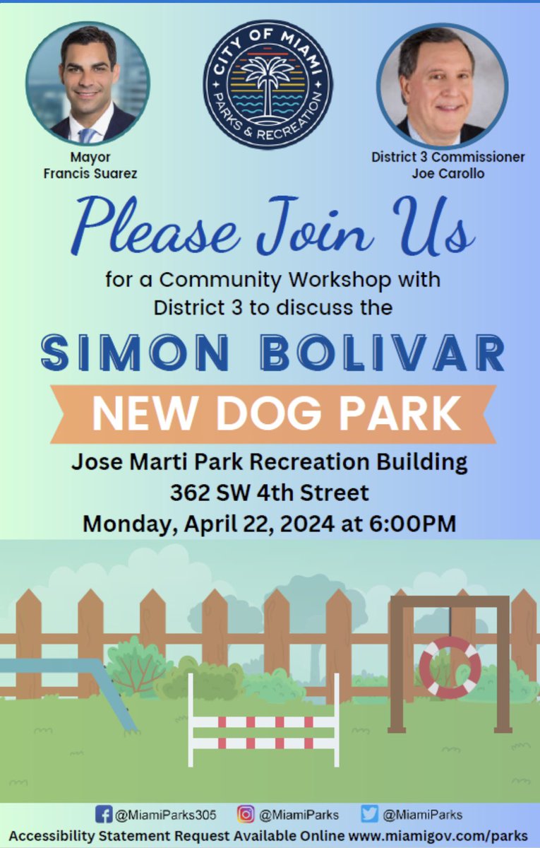 Join @joecarollonow & @MiamiParks for a community workshop to discuss the new dog park @📍Simon Bolivar Park on April 22nd! More information on the flyer ⬆️ We look forward to seeing you there! #MiamiParks #CityofMiami #Miami #Parks #Recreation #ParksandRecreation #ParksandRec