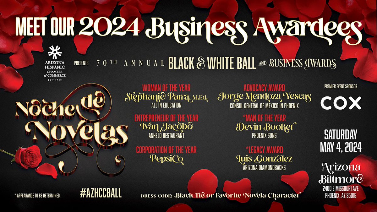Congrats to this year's Business Awardees at our 70th Annual Black and White Ball! We are thrilled to honor these recipients for their outstanding achievements in their respective fields. It is a privilege to celebrate their hard work dedication. #arizona #azhcc #azhccball