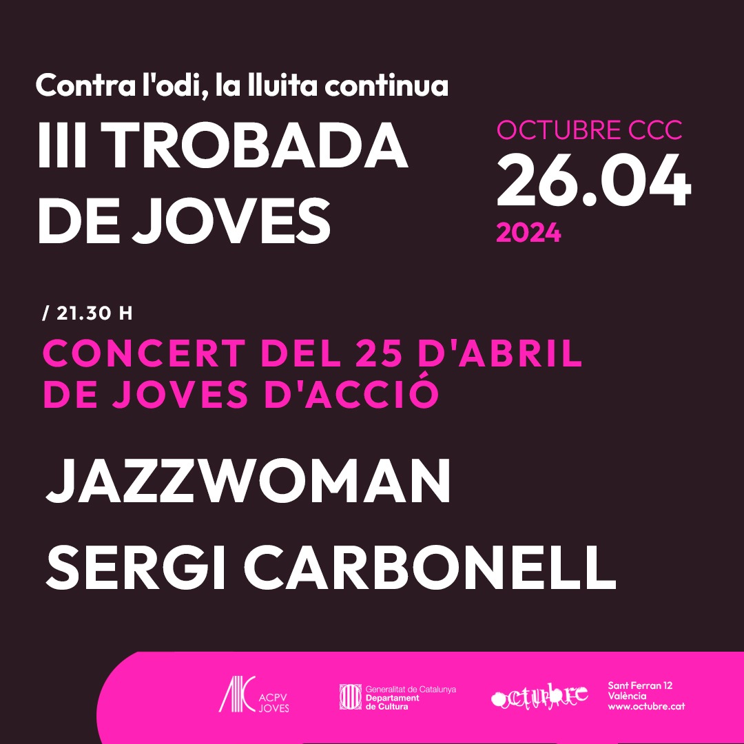 🥪Després, soparem a la Cafeteria de l'Octubre CCC. 🎊A les 21:30h, acabarem la jornada amb dos concerts de Sergi Carbonell i de Jazzwoman. ➡️Entrades a l'enllaç d baix. ❤️No t'ho pots perdre. Visca la terra lliure! acpv.cat/2024/04/05/iii…