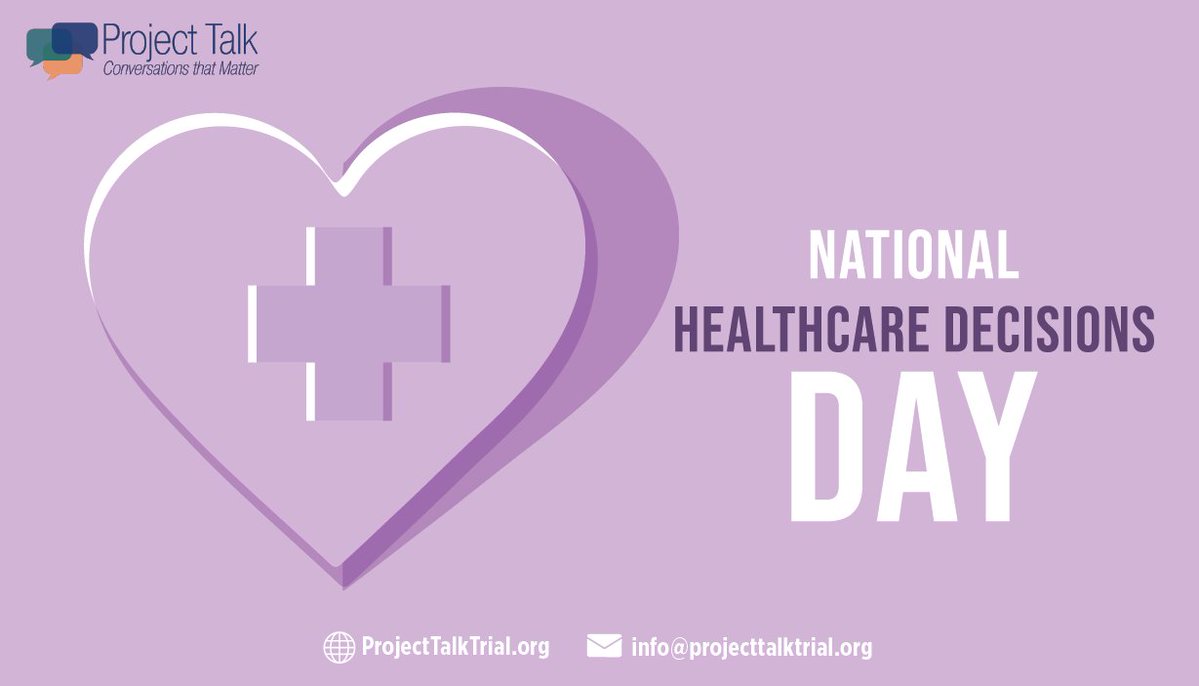 #NationalHealthcareDecisionsDay is dedicated to having meaningful conversations about goals of care & making decisions about your end-of-life care.

Learn more about how Project Talk is engaging underserved communities in #advancecareplanning here: projecttalktrial.org 
#nhdd