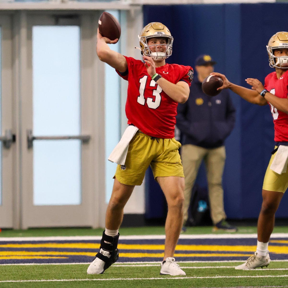 Notre Dame QB Riley Leonard is coming along nicely after a second surgery in two months. He says appearing in the Blue-Gold Game would be 'a 50-50 call' if it was the regular season. 'The ankle feels great right now for the first time in a long time.' on3.com/teams/notre-da…