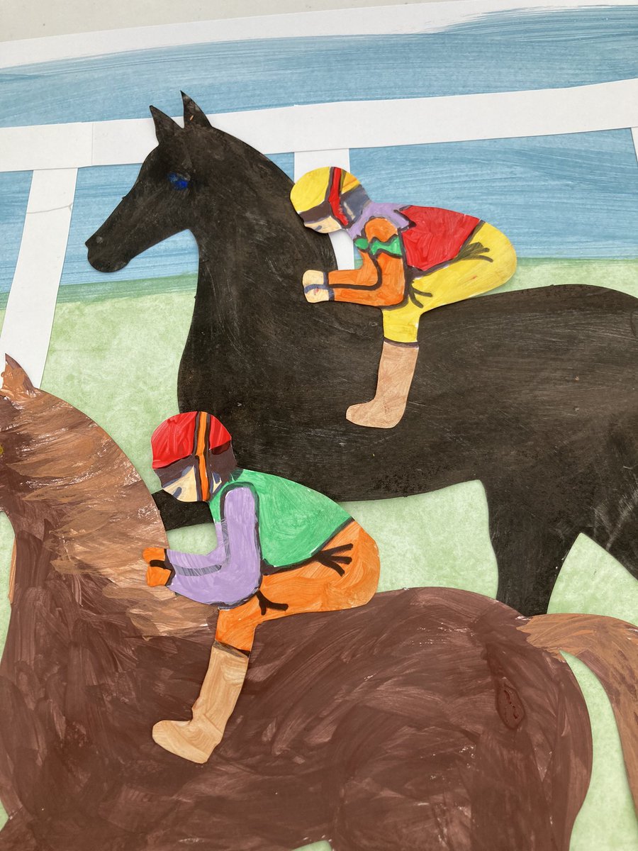 A lot of chat and laughter today at Falcon House CareHome while completing their #GrandNational piece. 

Remembering past #horses,creating racing colours, inventing names for their horses, choosing colours for the #hats.

#creativemojo #dementia,  #racingcolours #jockey