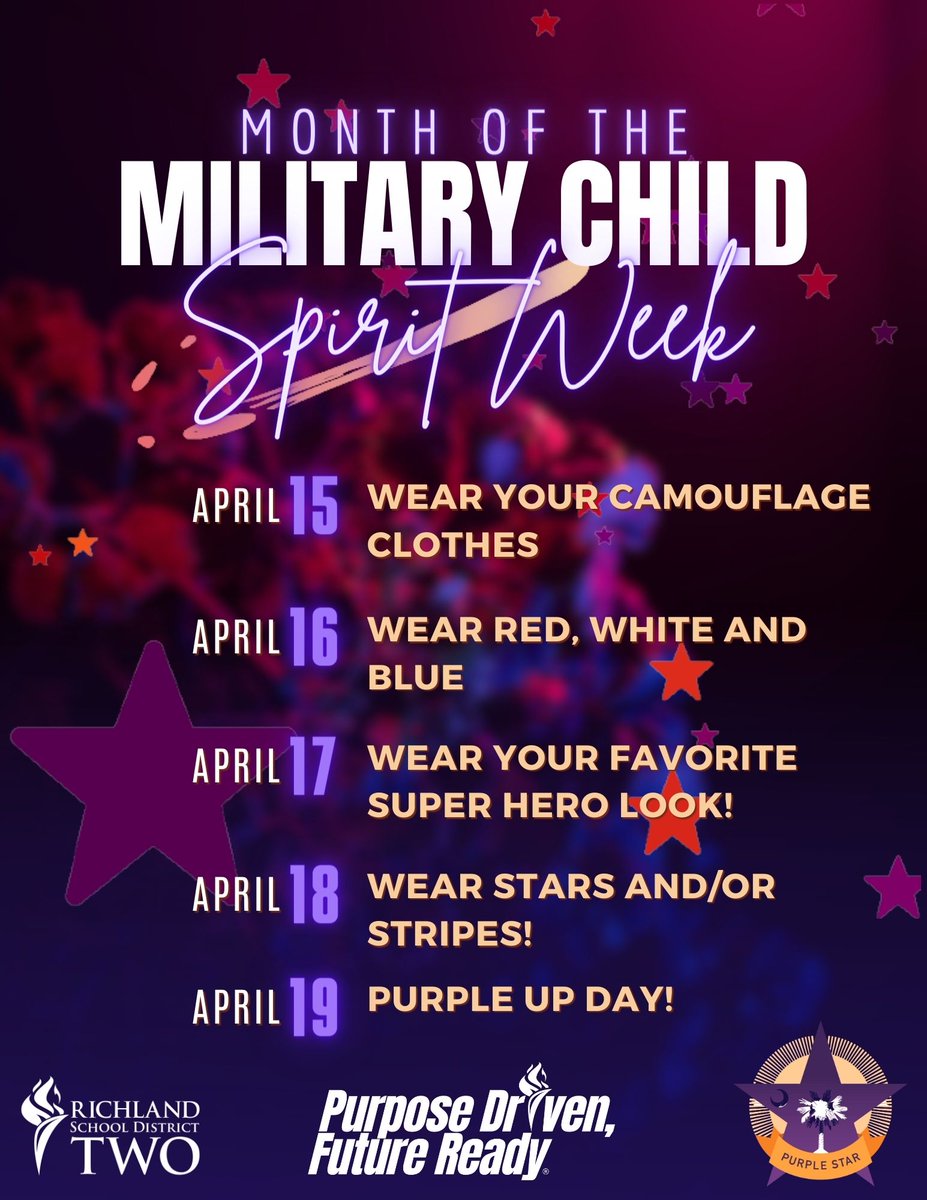 April is the Month of the Military Child and @RichlandTwo is proud to be the home of over 3,600 military connected students. We honor the sacrifices of these students and their military parents and we'll celebrate them during Spirit Week, April 15th-19th.  #R2DEI @R2MilConnected