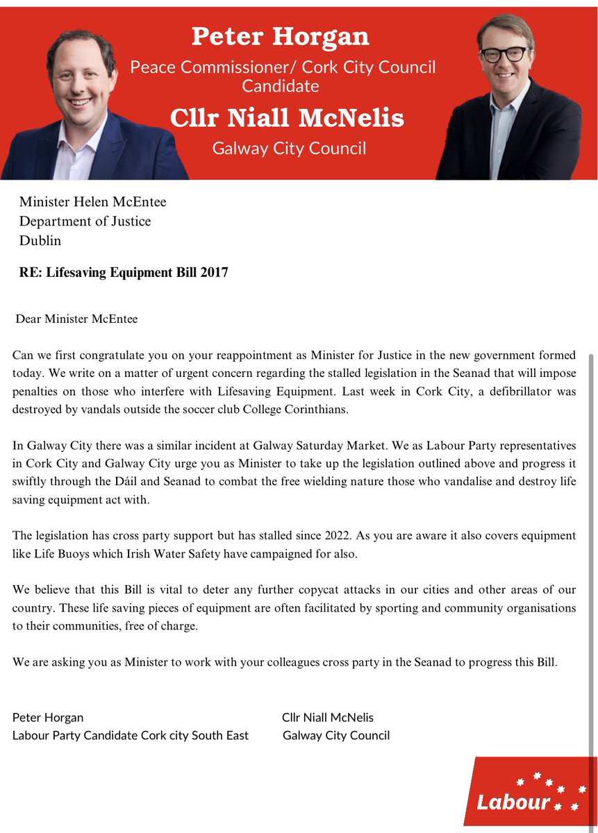 As promised with @OpinionLine96 and after a similar incident in Galway, myself and my @labour colleague @niallmcnelis have jointly written to the reappointed Minister @HMcEntee to ask her to progress the Lifesaving Equipment Bill @MarkWall1 @marie_sherlock @RebeccaMoy @hoeyannie