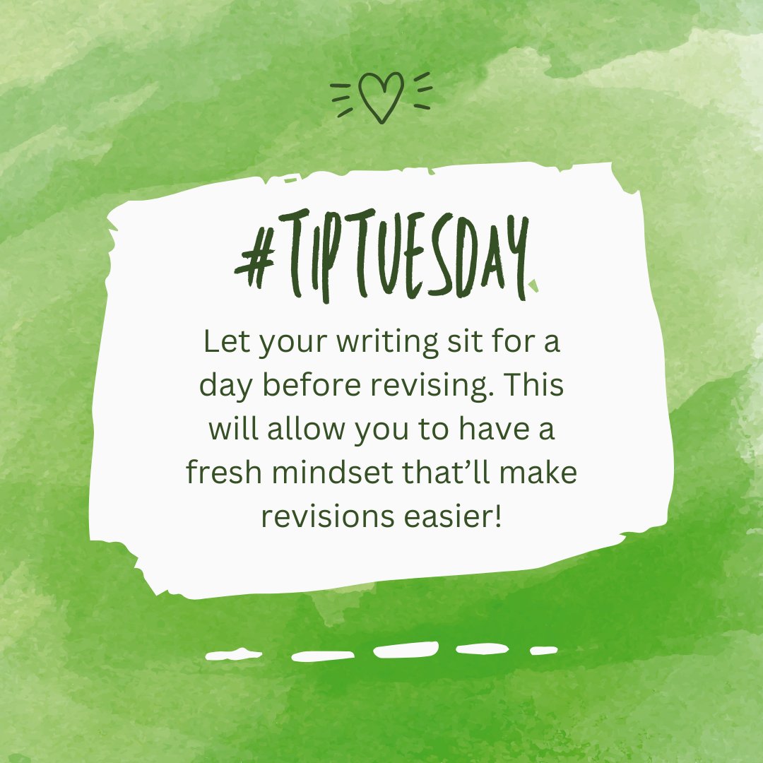 Get_Edited's tweet image. For today's #TipTuesday try letting your work sit for a while before revising it. The time away will allow a fresh mindset that will make it easier for creativity to flow and to notice any mistakes or areas that need work.

#writingtips #writingadvice #singularitypress #getedited