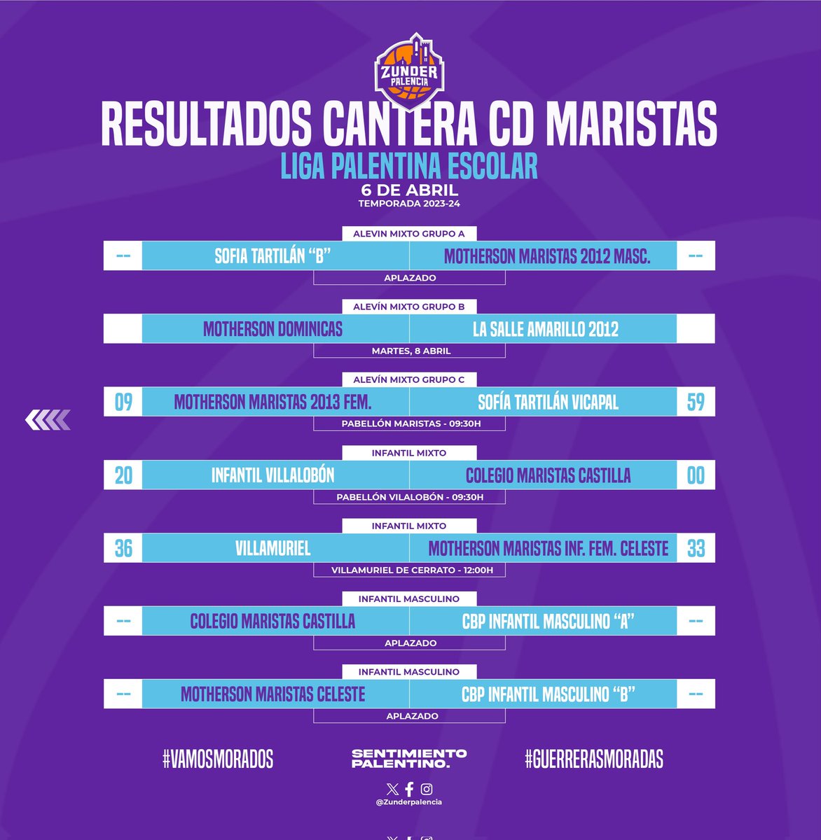 #CanteraMorada | Repasamos los resultados de la última jornada de la #LigaPalentinaEscolar #CDMaristas #VamosMorados #GuerrerasMoradas 💜 #SentimientoPalentino