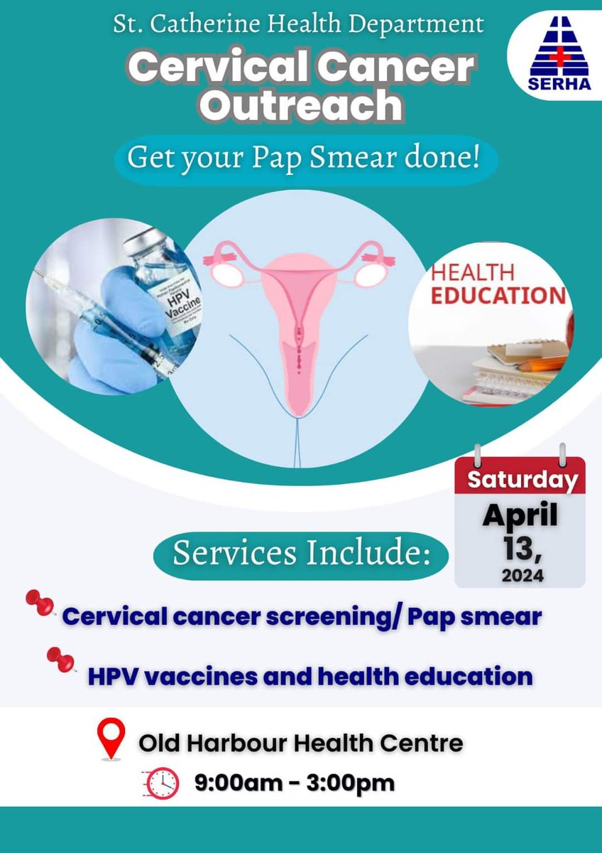 The St. Catherine Health Department will be offering free cervical cancer screening/pap smear, health education, and vaccination. Persons are being encouraged to get screened for cervical cancer at the Old Harbour Health Centre on Saturday, April 13, 2024 @themohwgovjm