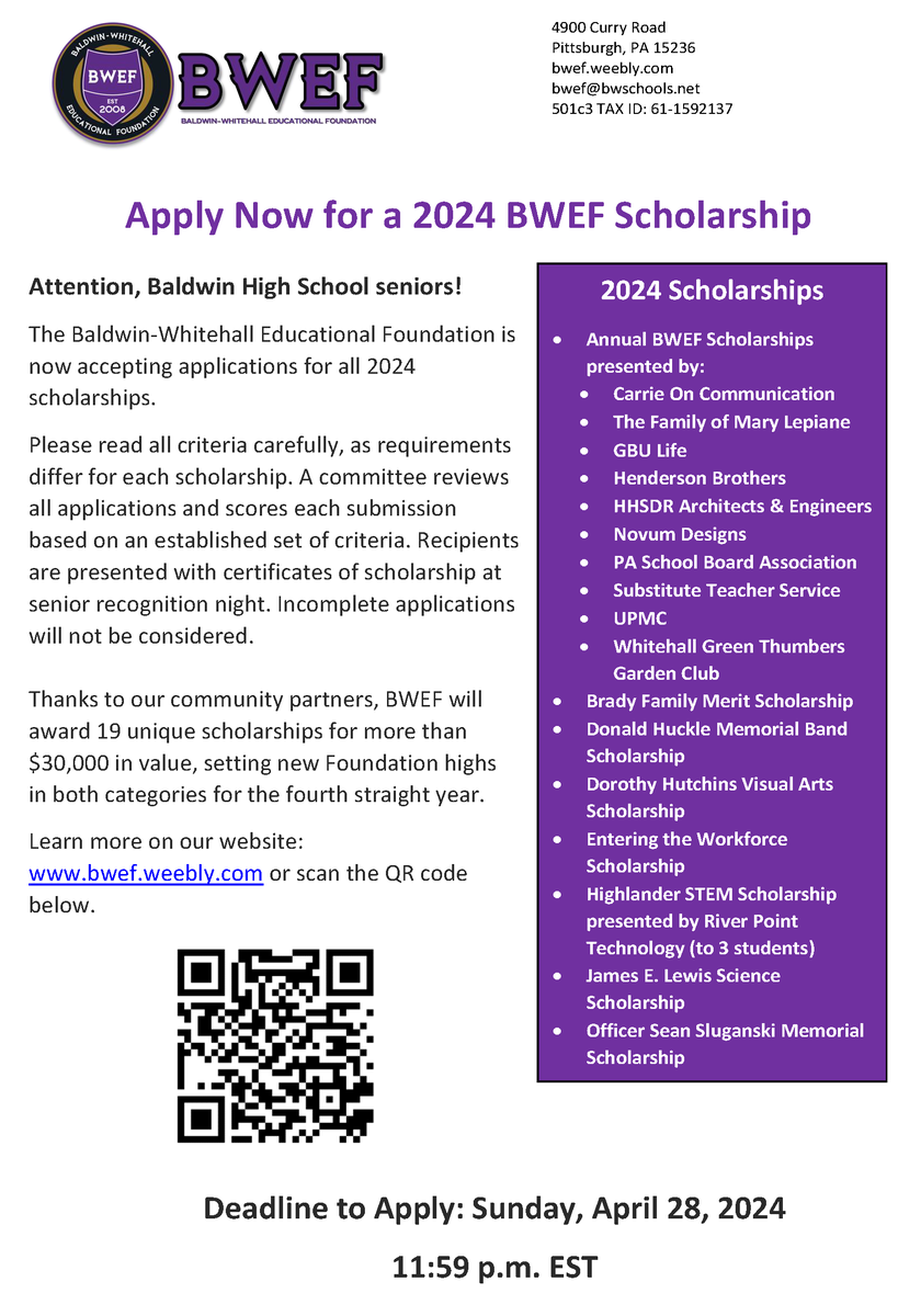 @BHSActivities students: We are accepting scholarship applications for all BWEF scholarships. Thanks to our community partners, we will present 19 different scholarships this year. Deadline to apply: April 28. Learn more and apply: bwef.weebly.com/scholarships.h…