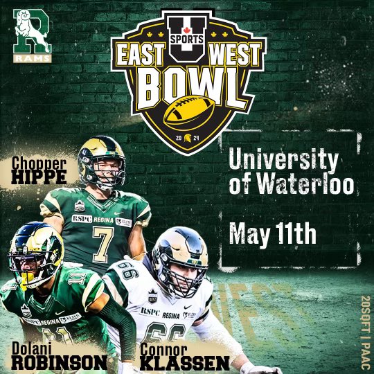 The 2024 edition of the U Sports East-West Bowl is happening next month in Waterloo and the Rams will be well represented by Chopper Hippe, Dolani Robinson &amp; Connor Klassen. 🐏
