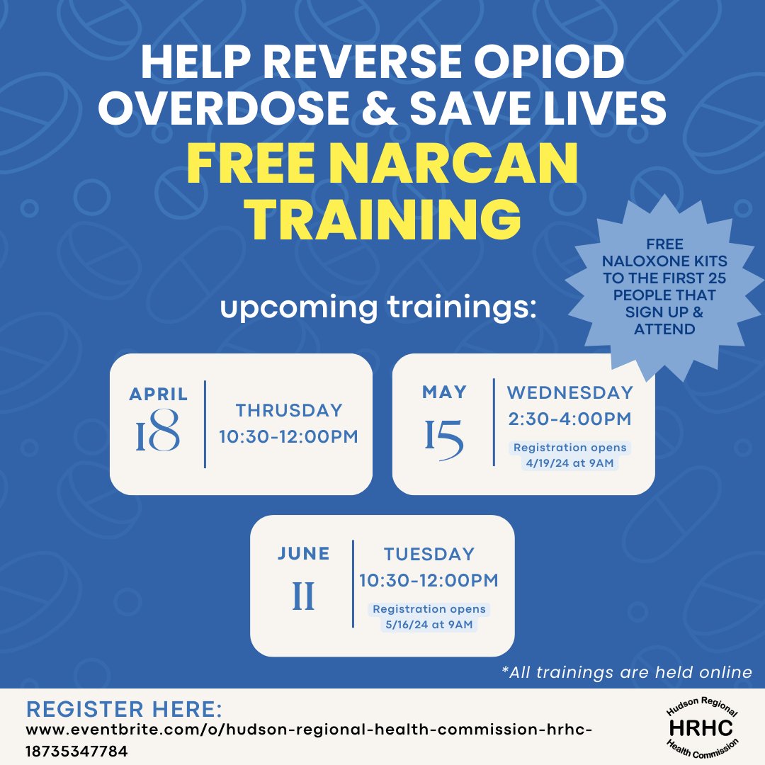 HRHC is offering FREE Narcan trainings this fall from the comfort of your own home or workplace.

Visit eventbrite.com/o/hudson-regio… to sign up!

Space is limited!
#opioidcrisis #narcan #publichealth #HRHC #substanceabuse