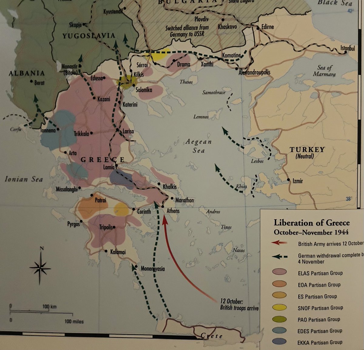 Ένας καταπληκτικός χάρτης (στα Αγγλικά) με τις περιοχές υπό τον έλεγχο των διαφορετικών αντιστασιακών ομάδων τον Νοέμβριο 1944 στην Ελλάδα. Πηγή: Atlas of World War II (Jordan David and Andrew West) #Ιστορία