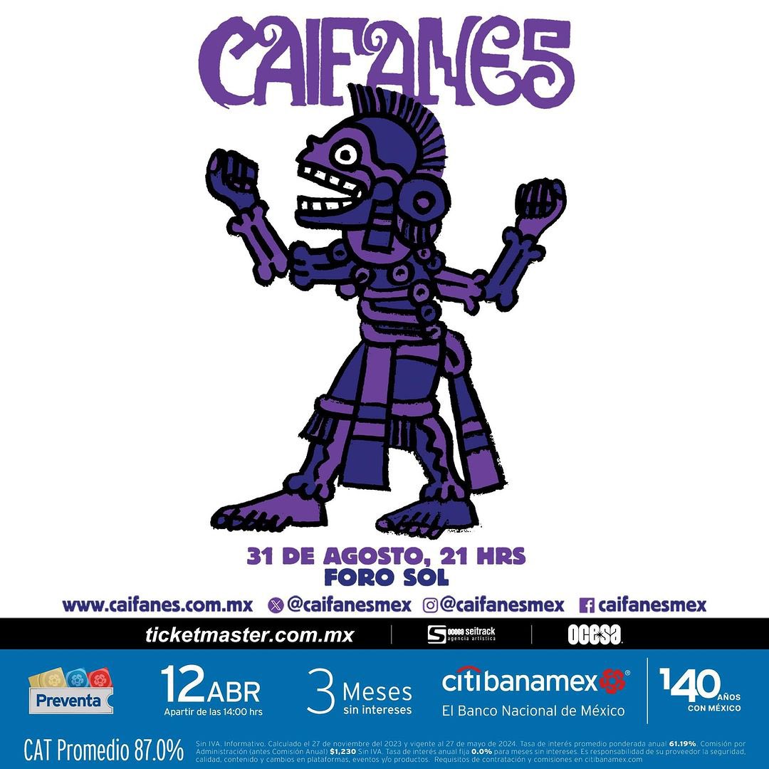 Los dioses ocultos de la música @CAIFANESMEX se lanzan al Foro Sol.☀️🎤🎶

Fecha: 31 de agosto📆📌
Hora: 21hrs⏰

¿Qué rola no puede faltar en el setlist?💭🤔❔

Deja tu canción en los comentarios.▶️🎧

#Caifanes #EstadioGNP #ForoSol #Conciertosmexico #Conciertoscdmx